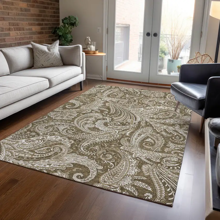 Chocolate Beige And Ivory Paisley Washable Indoor Outdoor Area Rug Photo 7