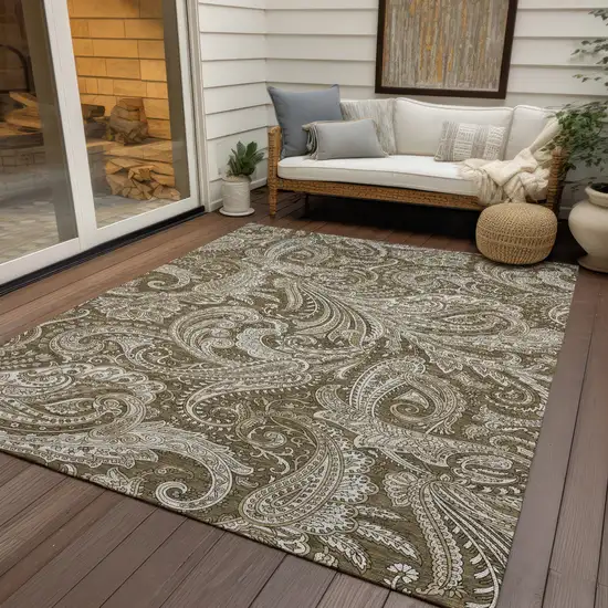 Chocolate Beige And Ivory Paisley Washable Indoor Outdoor Area Rug Photo 6