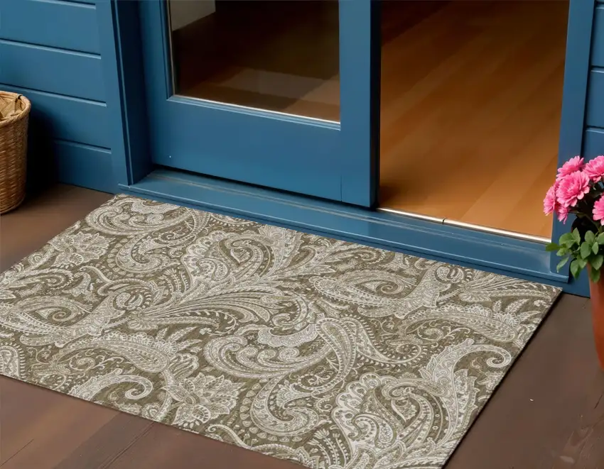 Chocolate Beige And Ivory Paisley Washable Indoor Outdoor Area Rug Photo 1