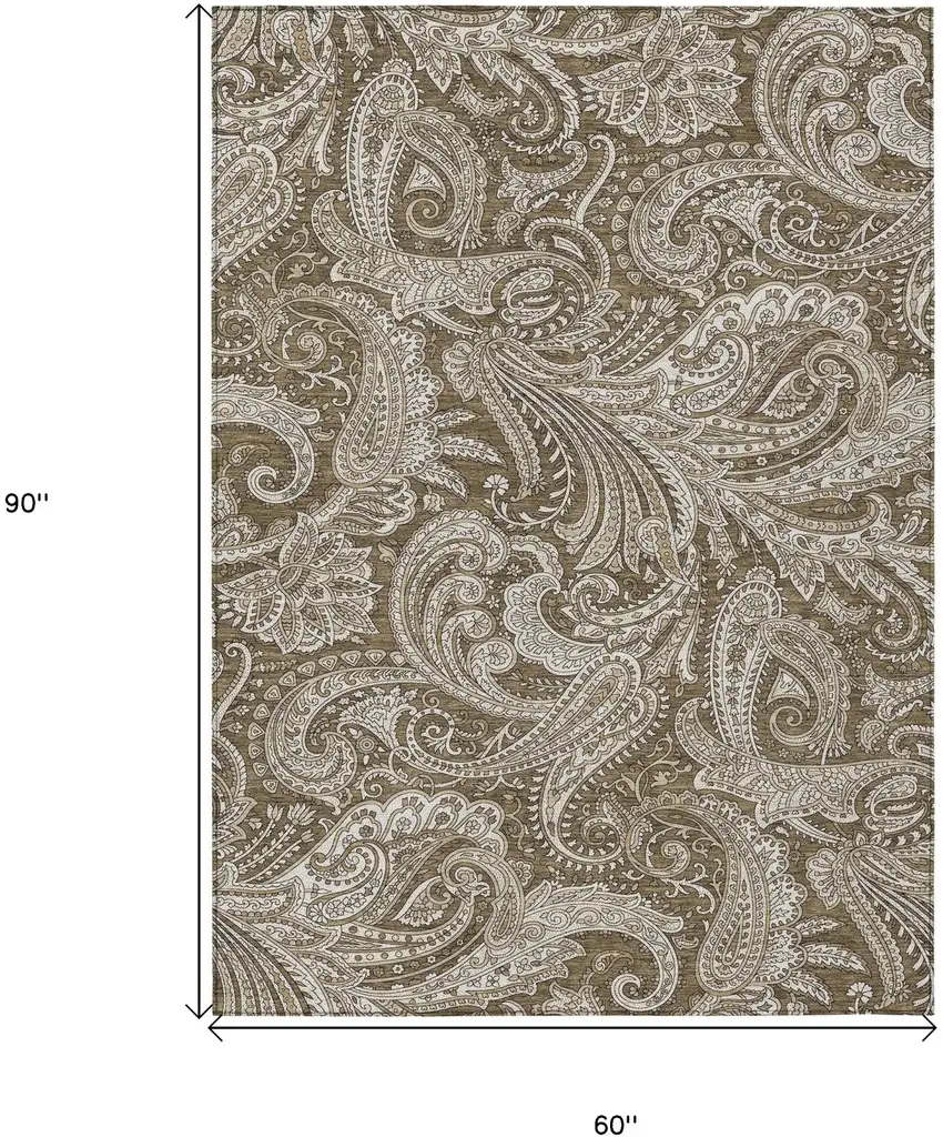 Chocolate Beige And Ivory Paisley Washable Indoor Outdoor Area Rug Photo 3