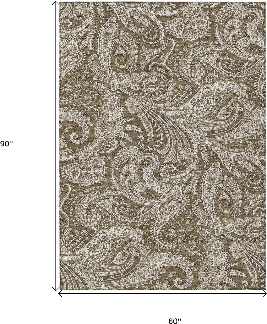 Chocolate Beige And Ivory Paisley Washable Indoor Outdoor Area Rug Photo 3