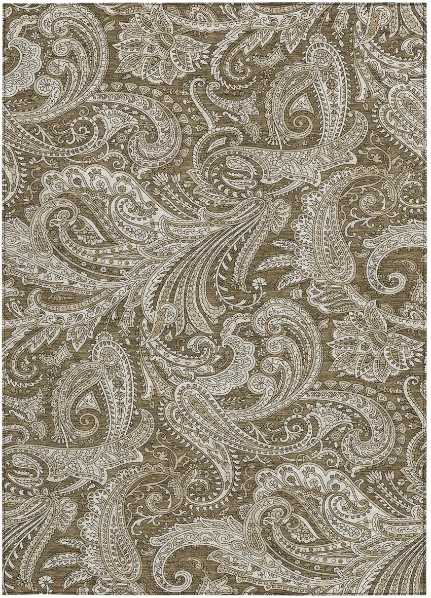 Chocolate Beige And Ivory Paisley Washable Indoor Outdoor Area Rug Photo 6