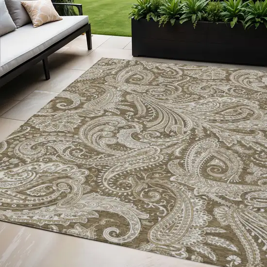 Chocolate Beige And Ivory Paisley Washable Indoor Outdoor Area Rug Photo 1
