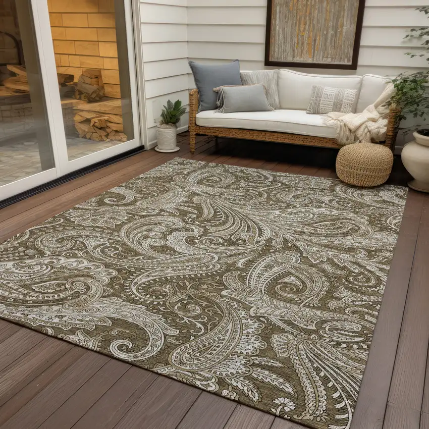 Chocolate Beige And Ivory Paisley Washable Indoor Outdoor Area Rug Photo 7