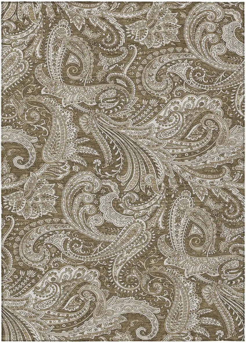 Chocolate Beige And Ivory Paisley Washable Indoor Outdoor Area Rug Photo 2