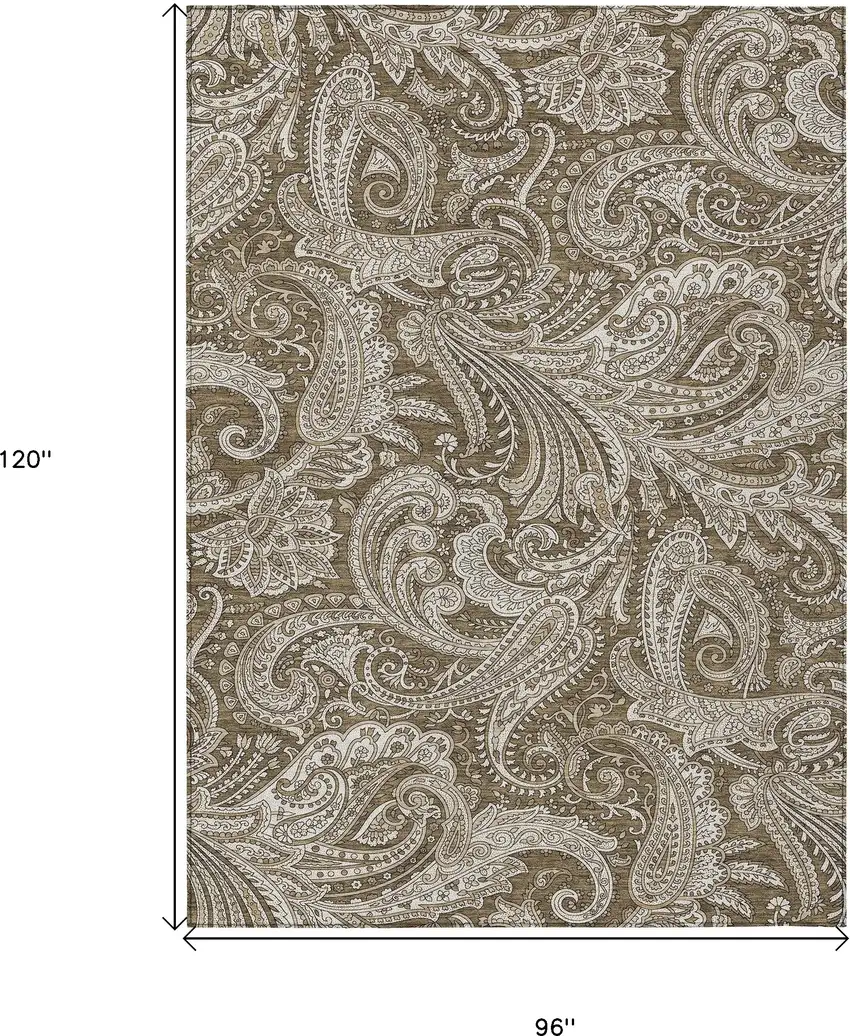 Chocolate Beige And Ivory Paisley Washable Indoor Outdoor Area Rug Photo 9