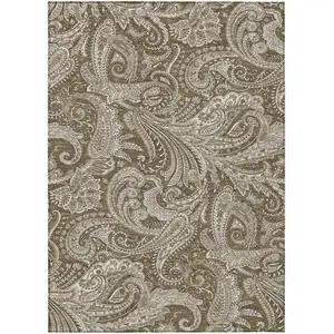 Photo of Chocolate Beige And Ivory Paisley Washable Indoor Outdoor Area Rug