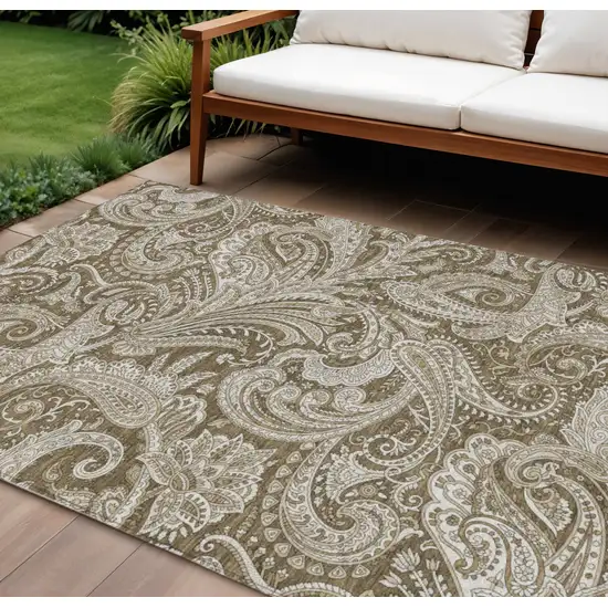 Chocolate Beige And Ivory Paisley Washable Indoor Outdoor Area Rug Photo 1