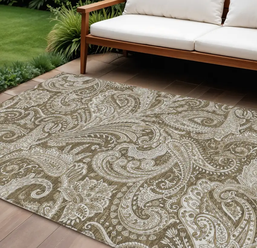 Chocolate Beige And Ivory Paisley Washable Indoor Outdoor Area Rug Photo 1