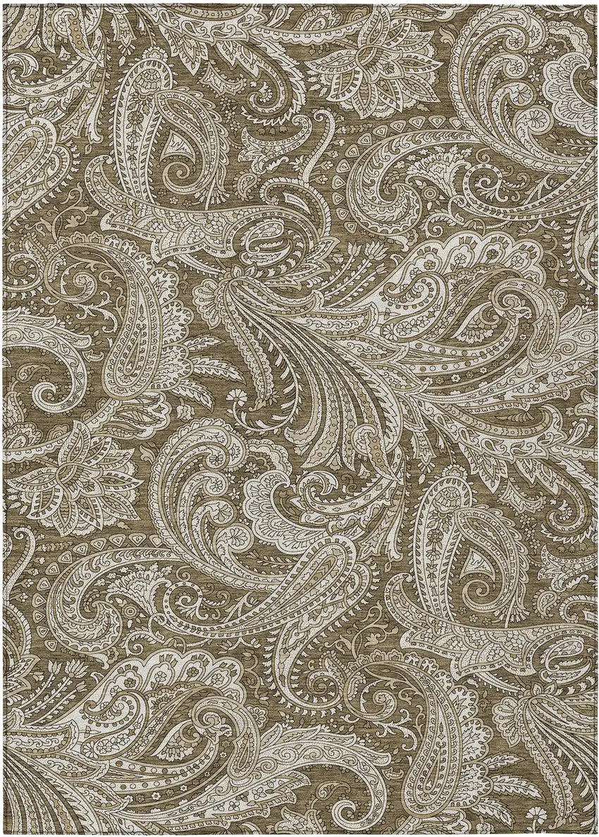 Chocolate Beige And Ivory Paisley Washable Indoor Outdoor Area Rug Photo 2