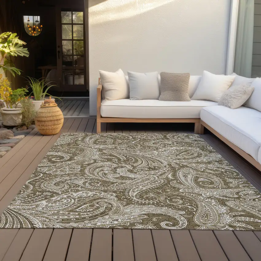 Chocolate Beige And Ivory Paisley Washable Indoor Outdoor Area Rug Photo 9