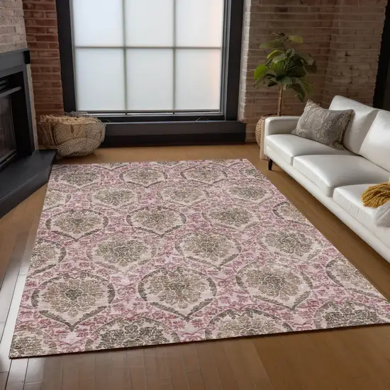 Chocolate Beige And Mauve Medallion Washable Indoor Outdoor Area Rug Photo 9