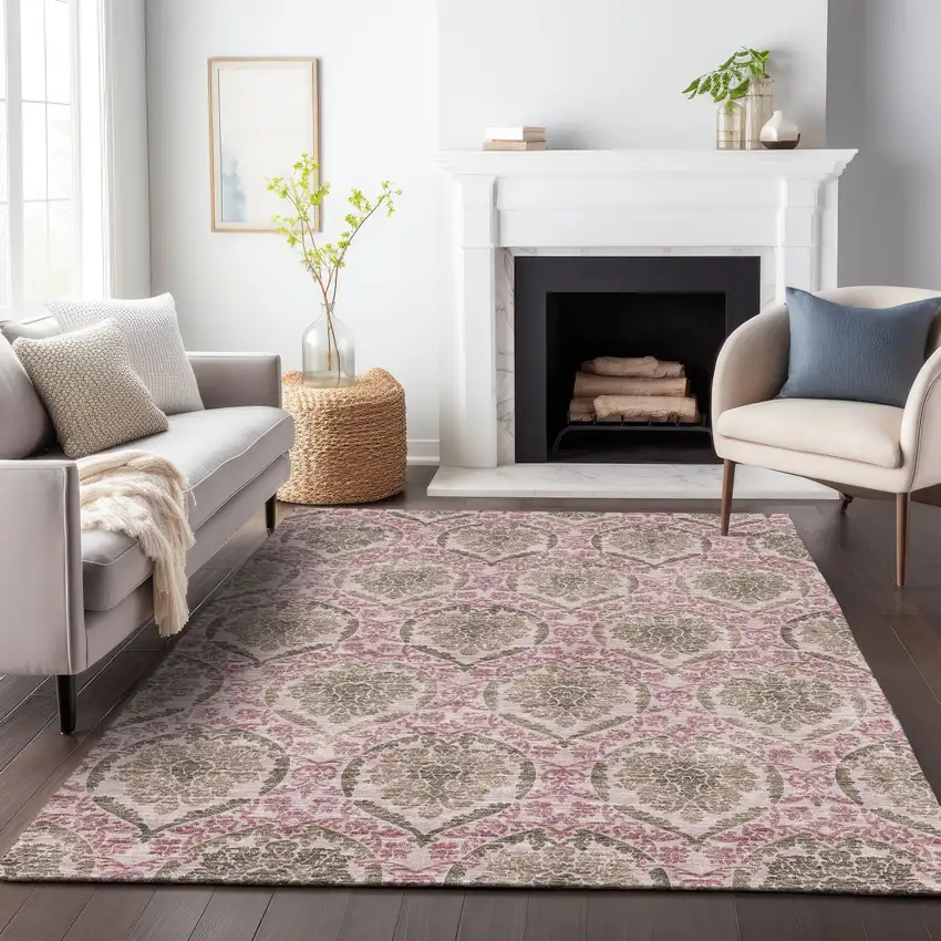 Chocolate Beige And Mauve Medallion Washable Indoor Outdoor Area Rug Photo 9