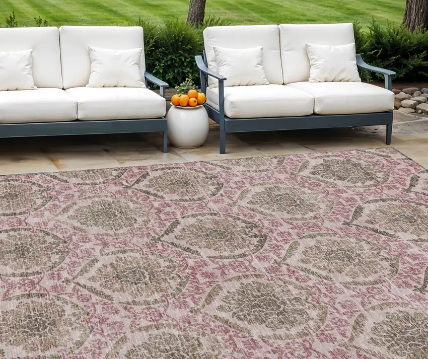 Chocolate Beige And Mauve Medallion Washable Indoor Outdoor Area Rug Photo 1