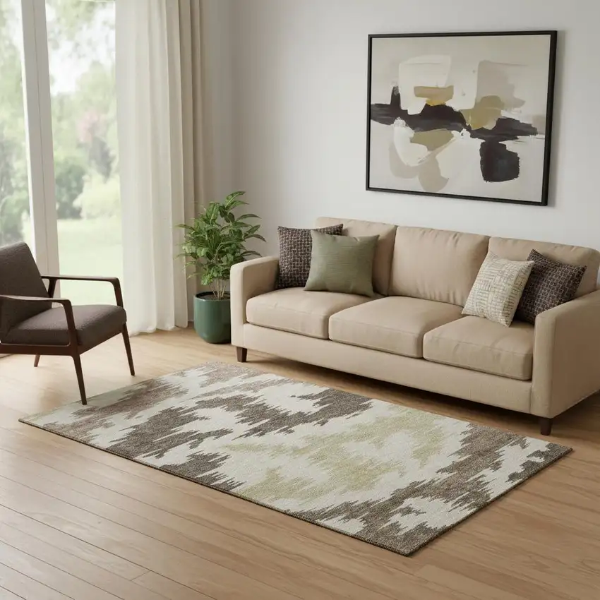 Chocolate Beige And Taupe Abstract Washable Area Rug With UV Protection Photo 1