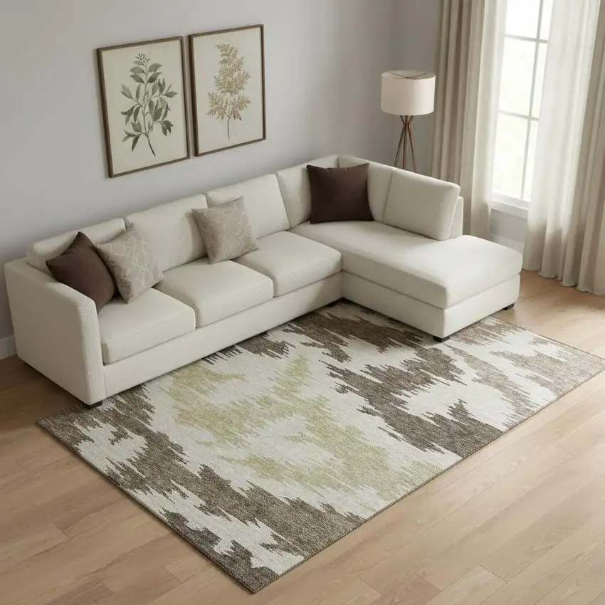 Chocolate Beige And Taupe Abstract Washable Area Rug With UV Protection Photo 1