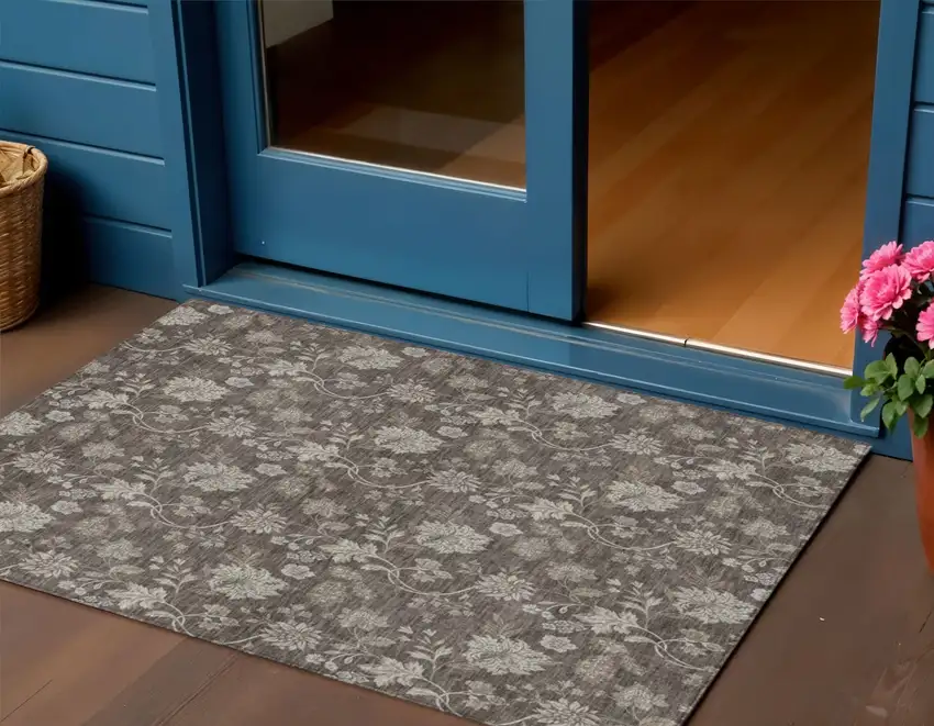 Chocolate Beige And Taupe Floral Washable Indoor Outdoor Area Rug Photo 1