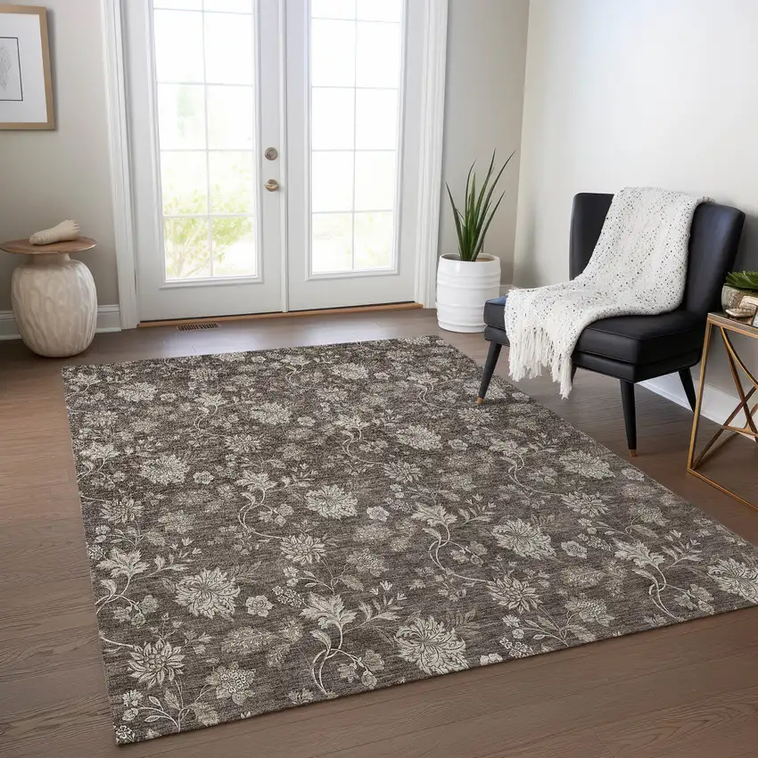 Chocolate Beige And Taupe Floral Washable Indoor Outdoor Area Rug Photo 9