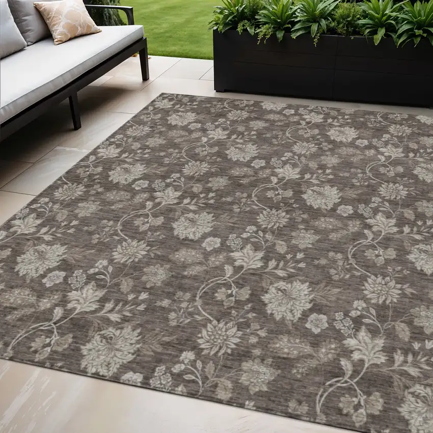 Chocolate Beige And Taupe Floral Washable Indoor Outdoor Area Rug Photo 1