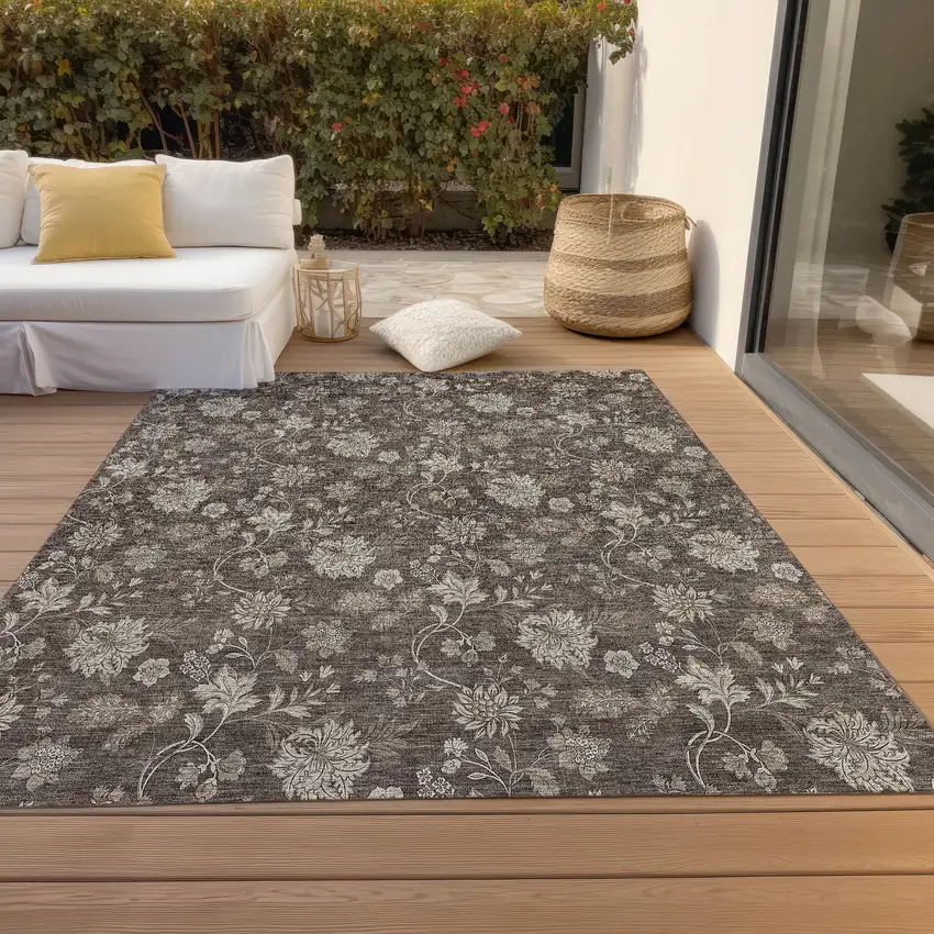 Chocolate Beige And Taupe Floral Washable Indoor Outdoor Area Rug Photo 8