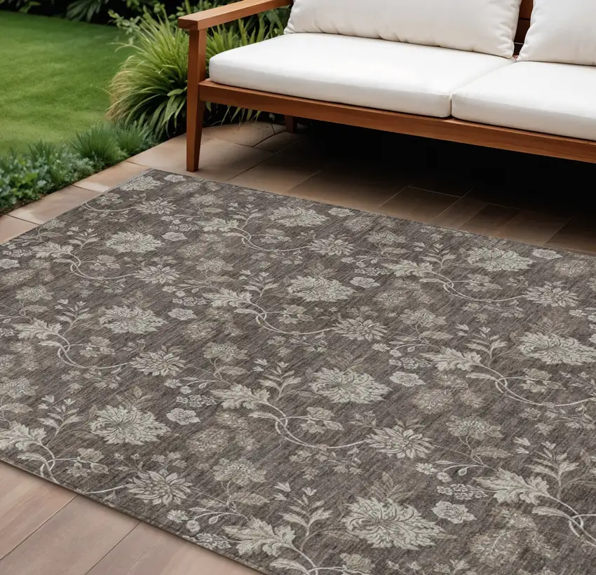 Chocolate Beige And Taupe Floral Washable Indoor Outdoor Area Rug Photo 1