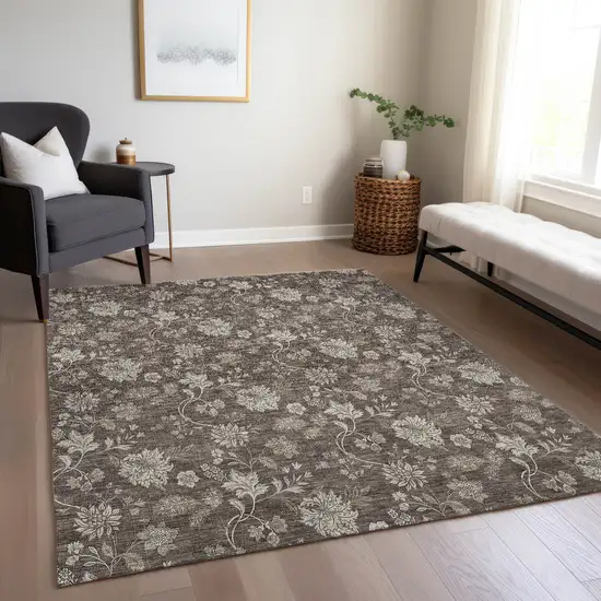 Chocolate Beige And Taupe Floral Washable Indoor Outdoor Area Rug Photo 9