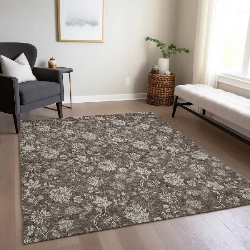 Chocolate Beige And Taupe Floral Washable Indoor Outdoor Area Rug Photo 9