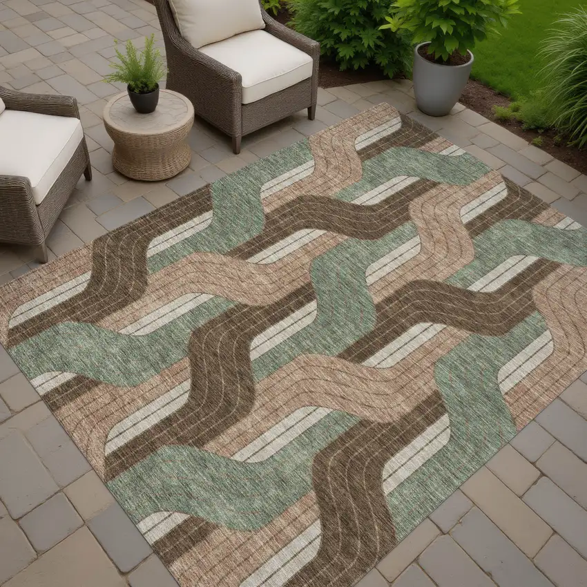 Chocolate Beige And Taupe Striped Washable Indoor Outdoor Area Rug Photo 7