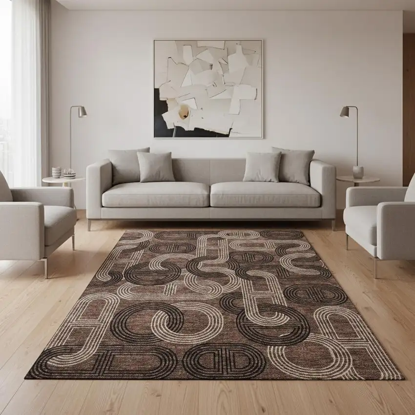 Chocolate Black And Beige Geometric Washable Area Rug With UV Protection Photo 2