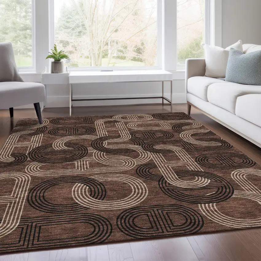 Chocolate Black And Beige Geometric Washable Area Rug With UV Protection Photo 5