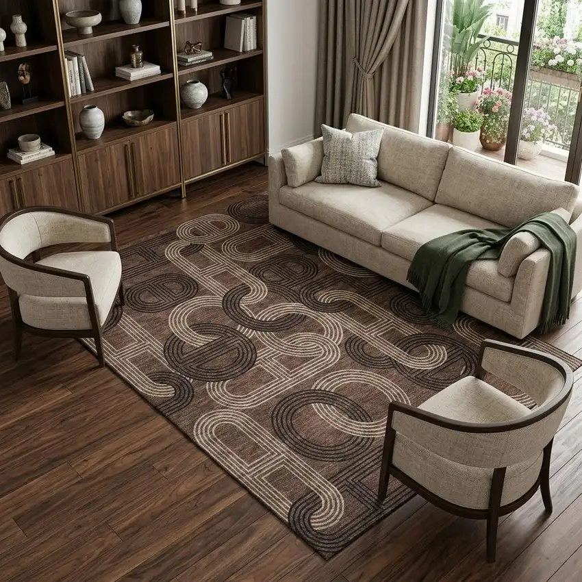 Chocolate Black And Beige Geometric Washable Area Rug With UV Protection Photo 1