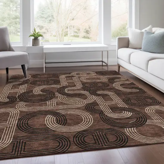 Chocolate Black And Beige Geometric Washable Area Rug With UV Protection Photo 5