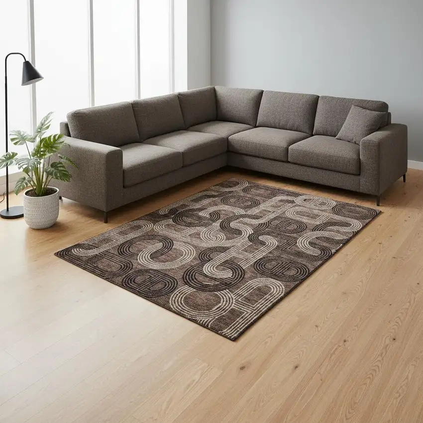 Chocolate Black And Beige Geometric Washable Area Rug With UV Protection Photo 2