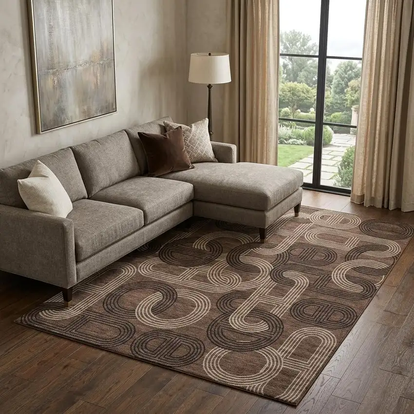 Chocolate Black And Beige Geometric Washable Area Rug With UV Protection Photo 1