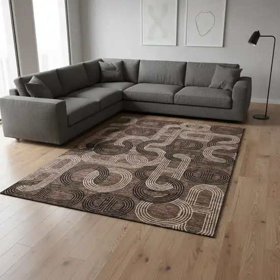 Chocolate Black And Beige Geometric Washable Area Rug With UV Protection Photo 2