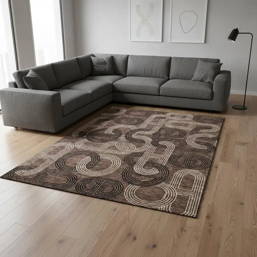 Chocolate Black And Beige Geometric Washable Area Rug With UV Protection Photo 2