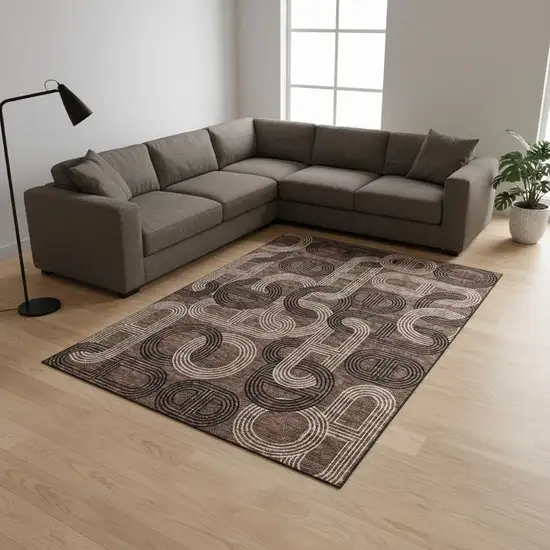 Chocolate Black And Beige Geometric Washable Area Rug With UV Protection Photo 2