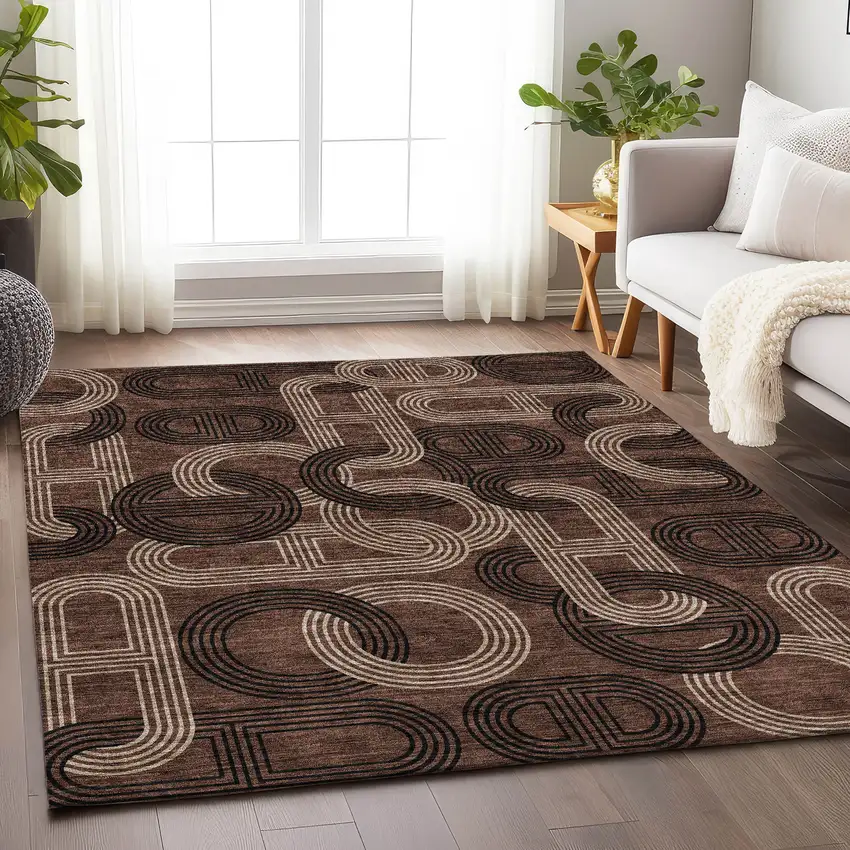 Chocolate Black And Beige Geometric Washable Area Rug With UV Protection Photo 4