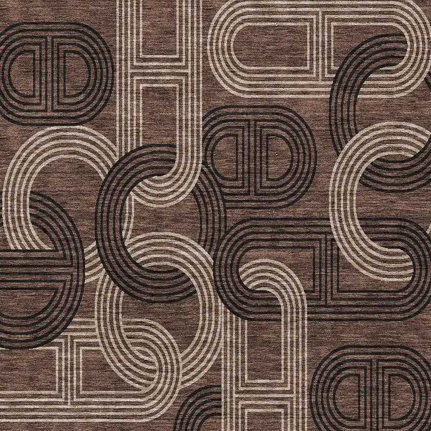 Chocolate Black And Beige Geometric Washable Area Rug With UV Protection Photo 2