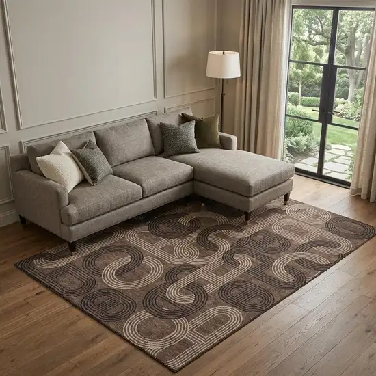 Chocolate Black And Beige Geometric Washable Area Rug With UV Protection Photo 1