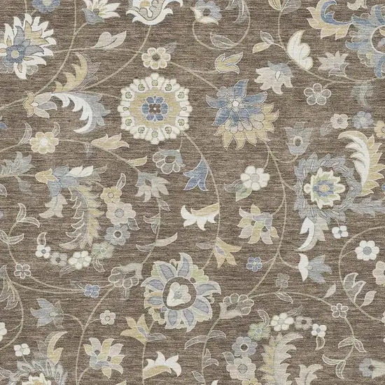 Chocolate Blue And Beige Floral Washable Area Rug With UV Protection Photo 2