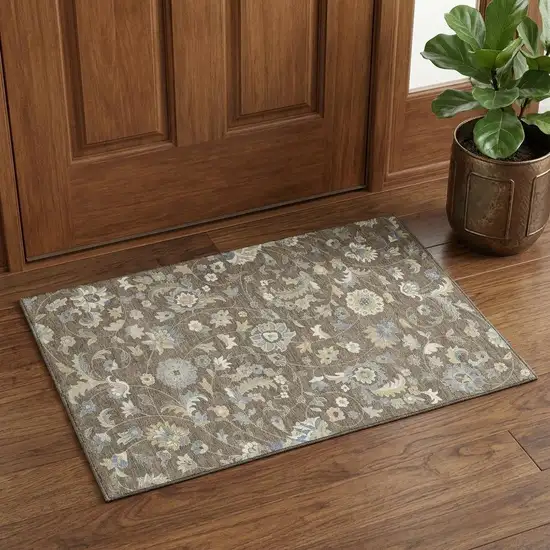 Chocolate Blue And Beige Floral Washable Area Rug With UV Protection Photo 1