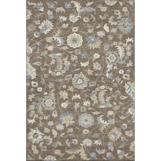 Chocolate Blue And Beige Floral Washable Area Rug With UV Protection Photo 1
