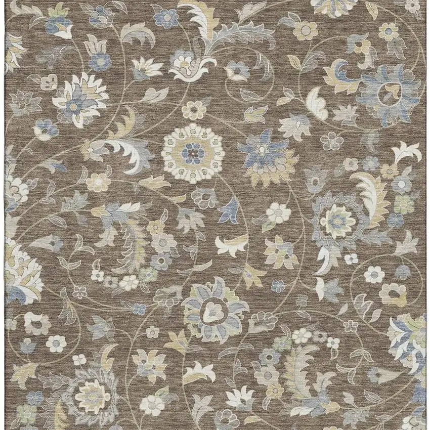 Chocolate Blue And Beige Floral Washable Area Rug With UV Protection Photo 4