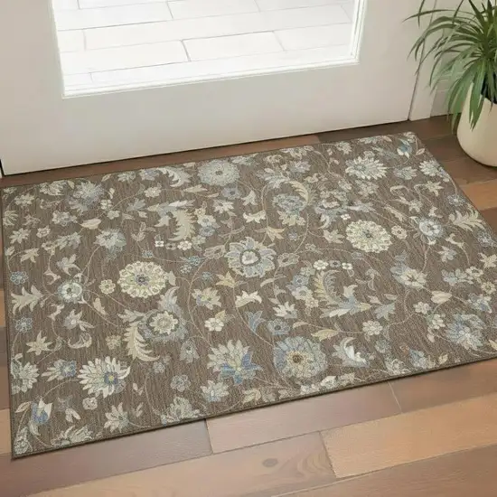 Chocolate Blue And Beige Floral Washable Area Rug With UV Protection Photo 2