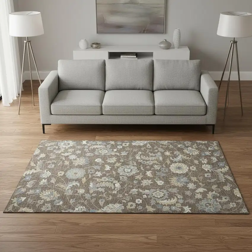 Chocolate Blue And Beige Floral Washable Area Rug With UV Protection Photo 2