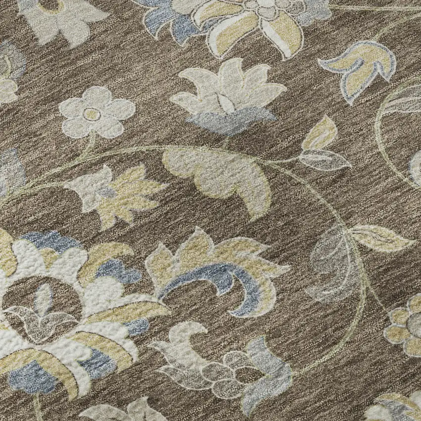 Chocolate Blue And Beige Floral Washable Area Rug With UV Protection Photo 9