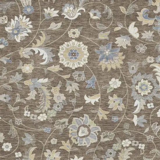 Chocolate Blue And Beige Floral Washable Area Rug With UV Protection Photo 2