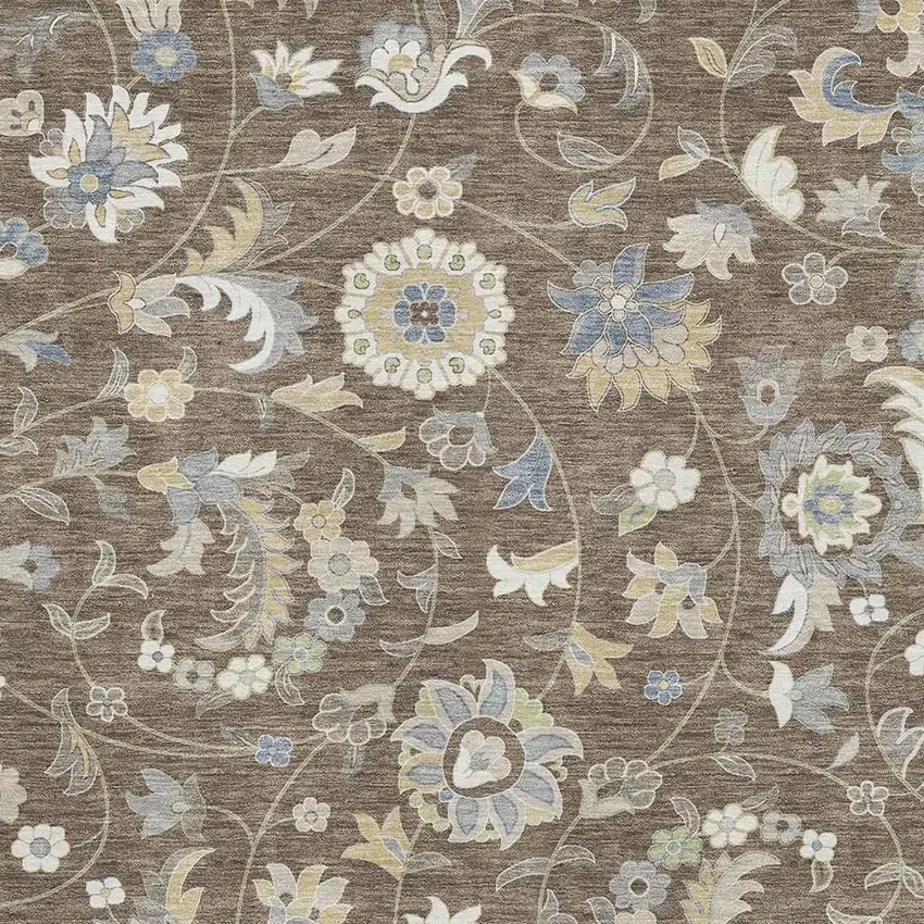 Chocolate Blue And Beige Floral Washable Area Rug With UV Protection Photo 2