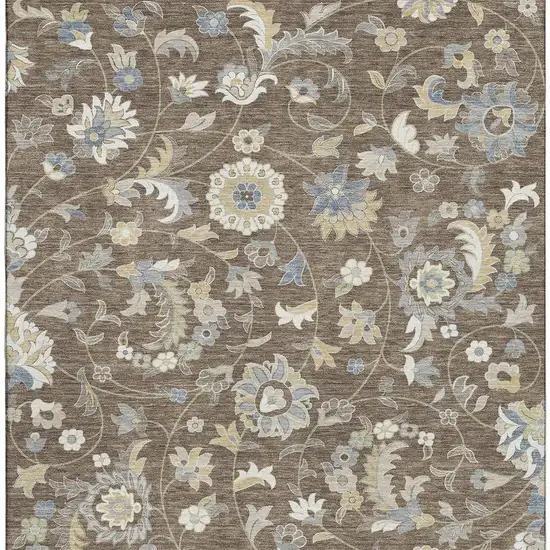 Chocolate Blue And Beige Floral Washable Area Rug With UV Protection Photo 3